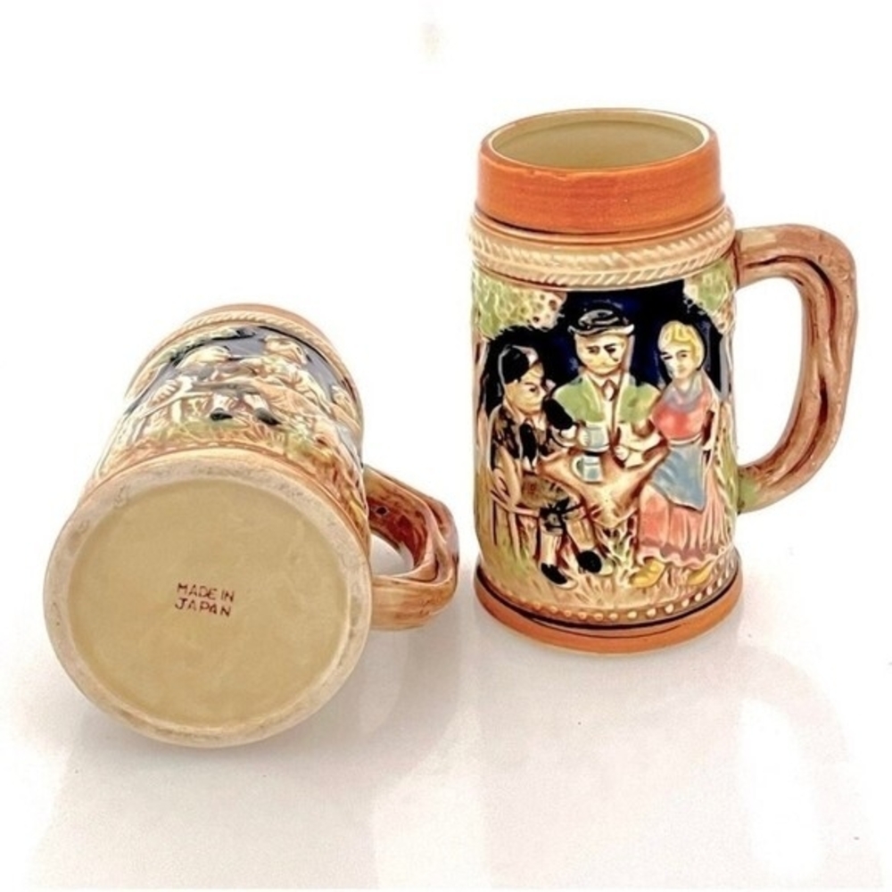 Vintage Pair 2 Japanese Bavarian Style Beer Steins 5.5 Hand-Painted Ceramic NWOT - Picture 4 of 4